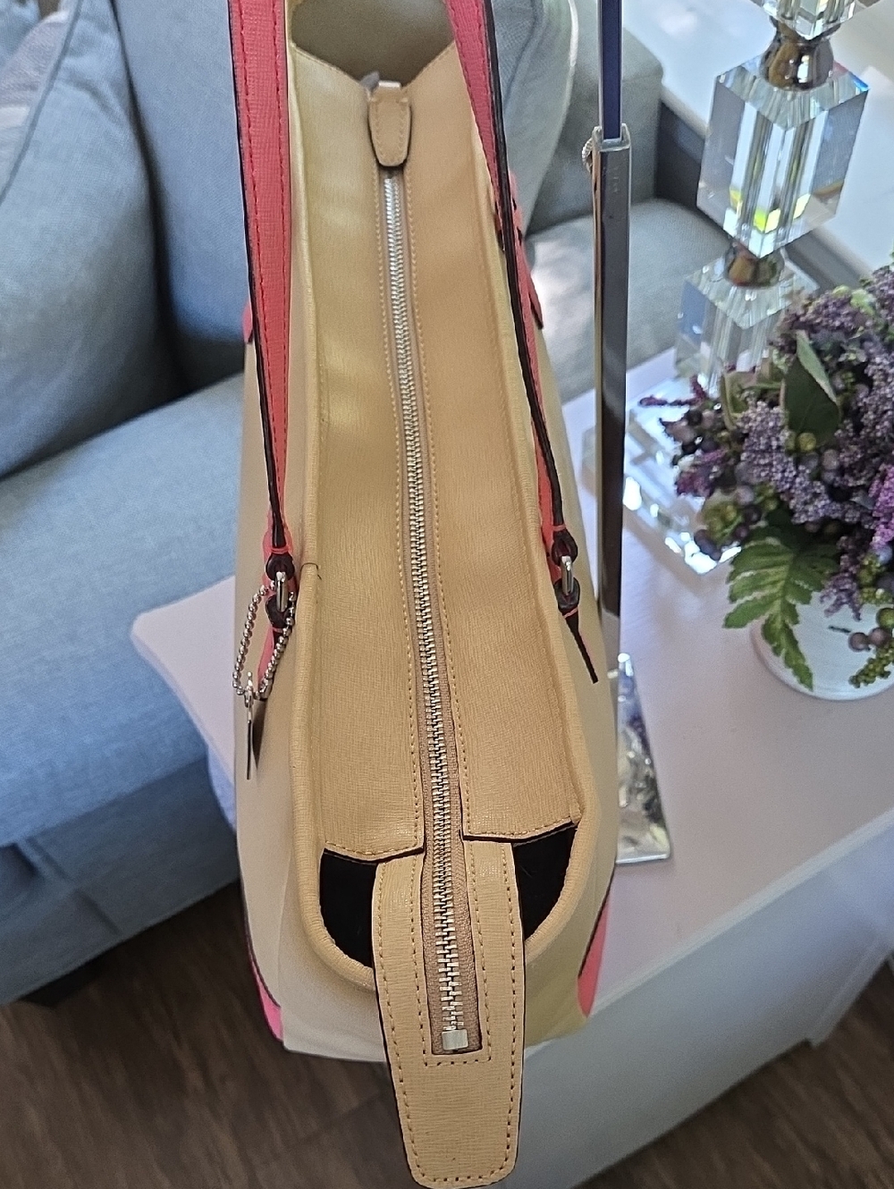 COACH Tan & Coral Pink Saffiano Leather Tote - Picture 9 of 16